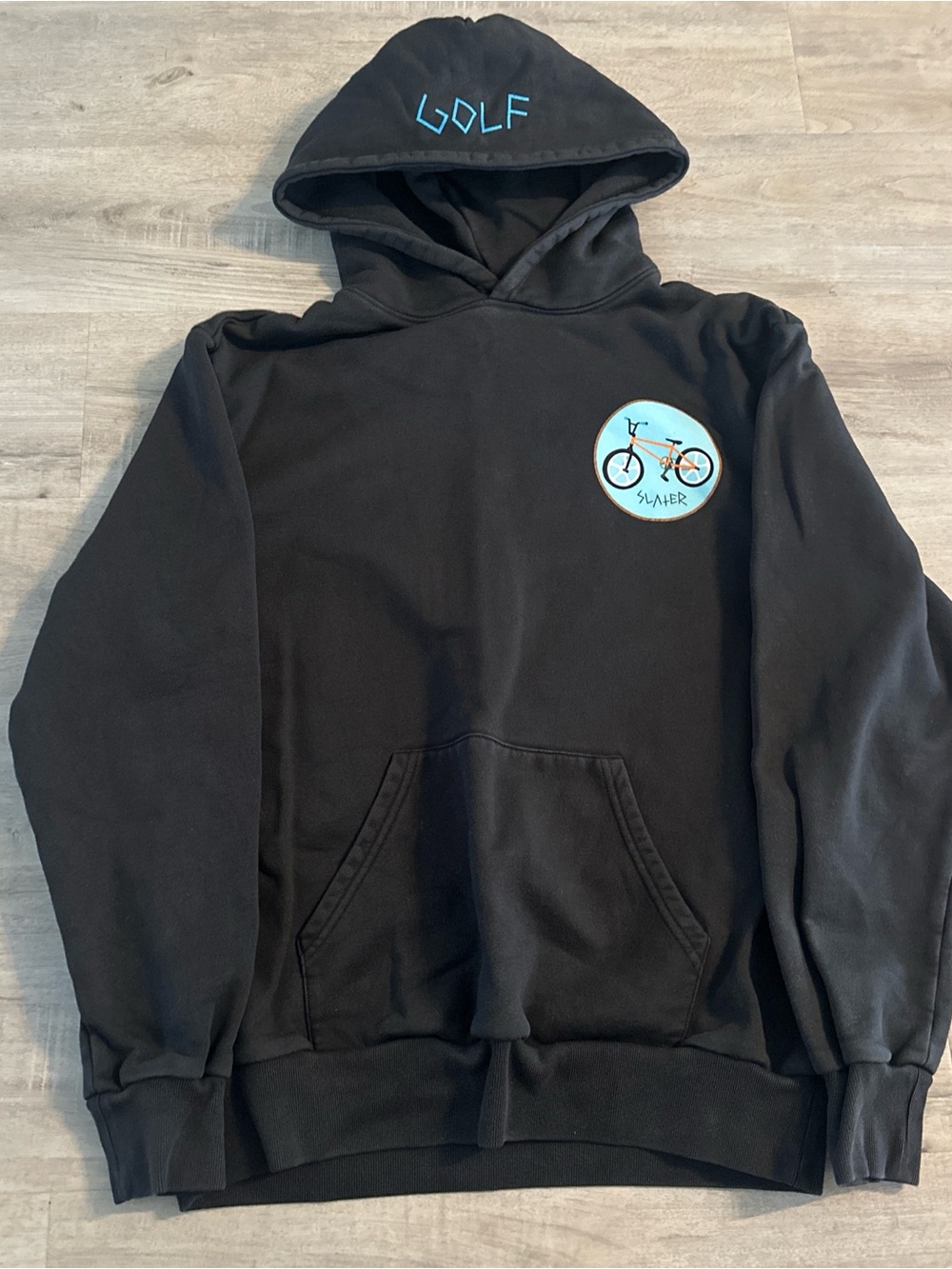 Golf Le Fleur Black Hoodie with Blue Logo and Bicycle Patch